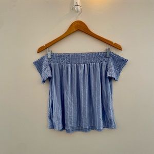 American Eagle Off the Shoulder Blue and White Striped Top